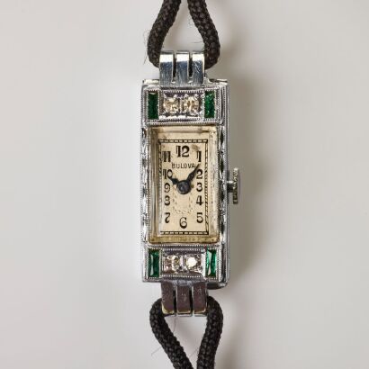 14ct White Gold, Bulova Diamond / Emerald Hand-wound Art Deco style Cocktail Wristwatch, circa 1920's -1930's