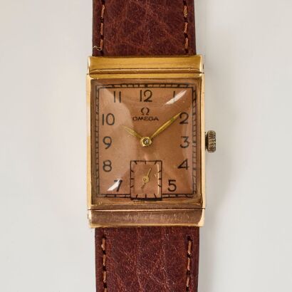 9ct Rose Gold, Rectangular OMEGA, Hand-wound, Salmon Dial Wristwatch, circa 1944