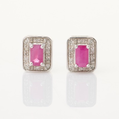 9ct White Gold, .08ct Diamond / .61ct Ruby Cluster Stud Earrings - Near new