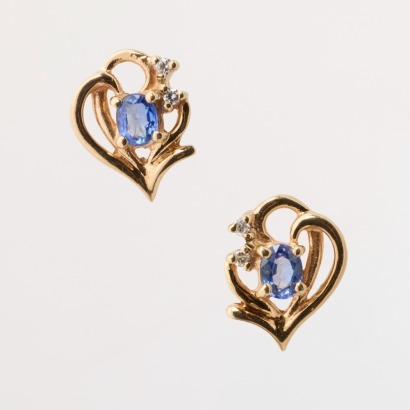 9ct Yellow Gold, .02ct Diamond / Oval Sapphire Stud Earrings