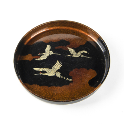 A Japanese Gilt Black Lacquer 'Crane' Round Plate - The Collection of John Perry's Asian Art