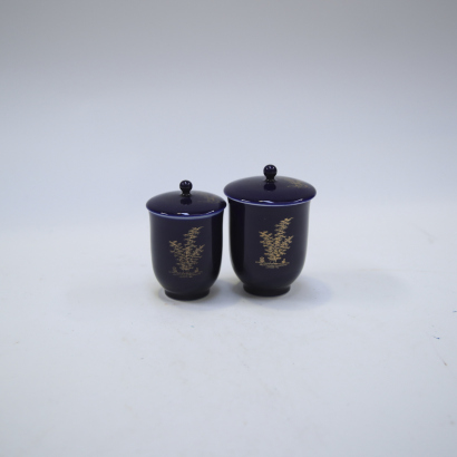 Two Japanese Fukagawa Made Small Blue Glaze with Gold Cups