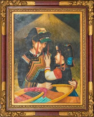 UNKNOWN ARTIST Oil Painting of Two Girls in Traditional Costume
