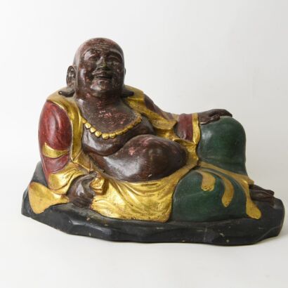 A Chinese Polychrome Lacquered Wood Figure of Laughing Buddha