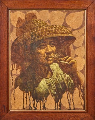 A Vintage Vietnamese Portrait of A Woman Painted On Tobacco Leaves