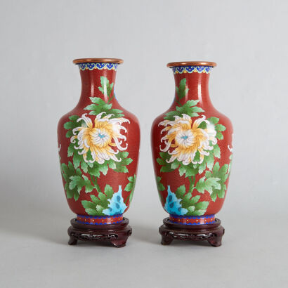 A Pair of Chinese Red Ground 'Floral' Cloisonne Vases