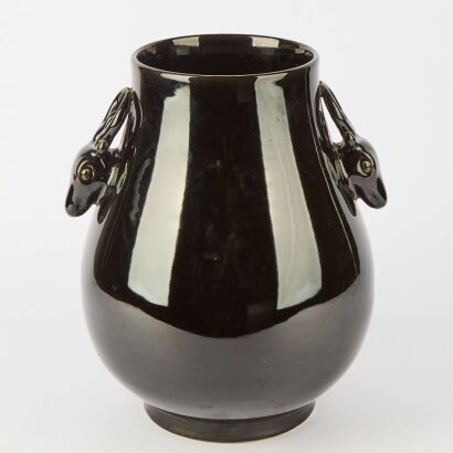A Chinese 20th-Century Black-glazed Vase with Twin Deer-Head Handles