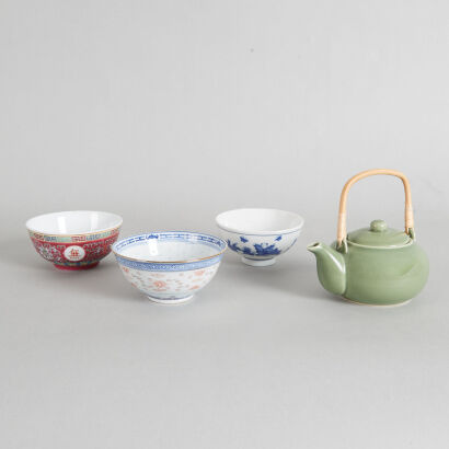 A Chinese Green-glazed Teapot and Three Bowls