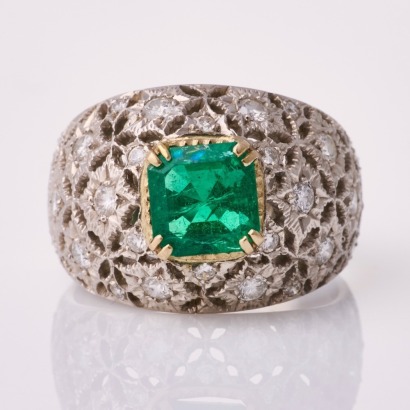 Platinum, Modern, 1.57ct Emerald / .35ct Diamond Dress Ring