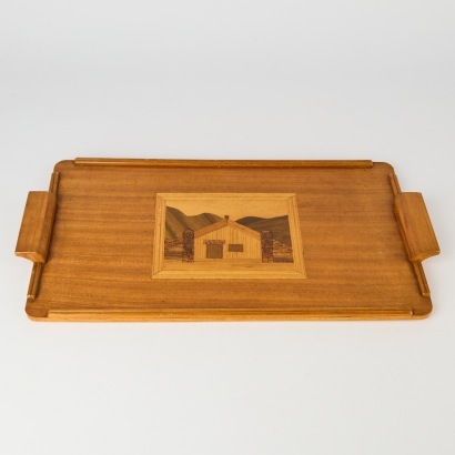 A Wooden Inlaid Tray With Whare Design