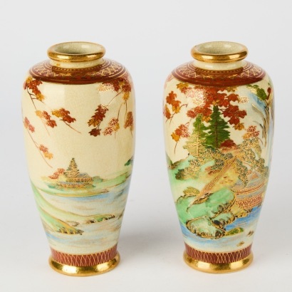 A Pair of DOKI Hand-Painted Satsuma Vases