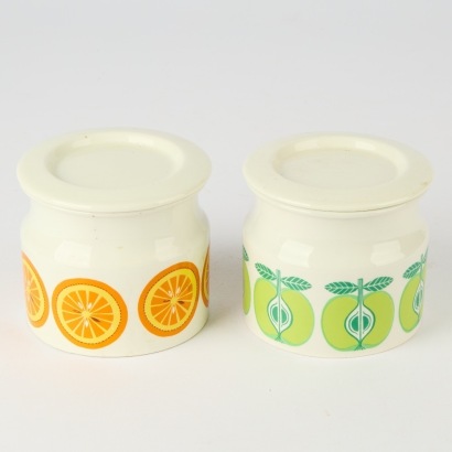 A Pair of Ceramic Lidded Pots By Arabia, Finland. Fruit Pattern c.1960s