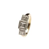 A diamond ring, comprising three square panels each with a central princess cut diamond surrounded by small brilliant cut diamonds. 9ct yellow and white gold. Weight 4.89 grams. Size M½.