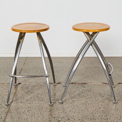 A Pair of Chrome & Wood Modern Barstools