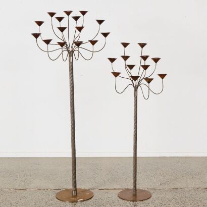 A Pair of Aged Aristo Twisted Steel And Copper Tea Light Candelabras