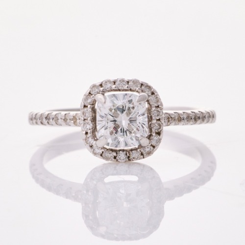 18ct White Gold, Modern, .78ct Cushion Cut Diamond / .29ct Diamond Halo Ring, GIA Certified