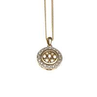 A champagne diamond pendant on chain, the central panel of the circular two-tone pendant set with seven round brilliant cut champagne diamonds and surrounded by a line of white diamonds, hung on a fine curblink chain. 9ct yellow gold. Weight 3 grams. Pend