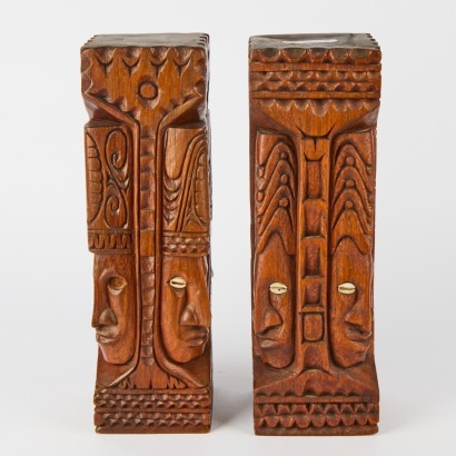 A Pair of Solid Wood Totem Bookend Carvings