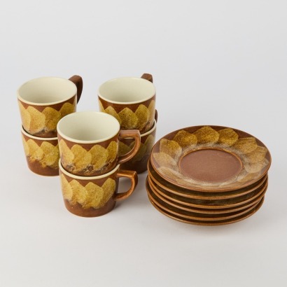 A Set of Six Retro Pottery Cups & Saucers