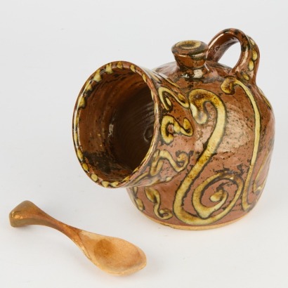 A Large Helen Mason Stoneware Salt Pig With Hand Carved Kauri Spoon