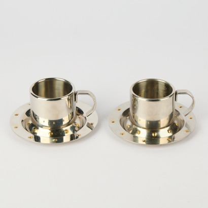 A Pair of Stainless Steel Brass Studded Espresso Cups