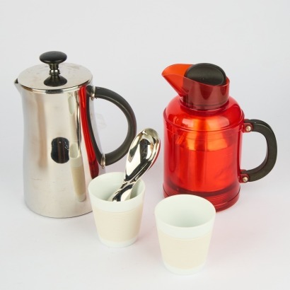A Collection of Bodum Items A Plunger, Thermos, Two Espresso Cups And A Bodum Coffee Bean Spoon