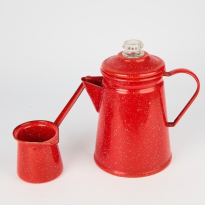 A Vintage Red Enamel Coffee Perk And Milk Jug