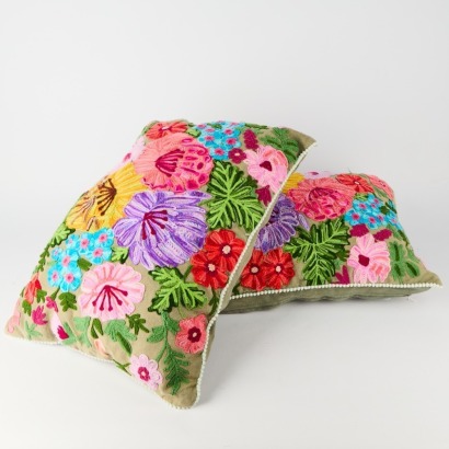 A Pair of Embroidered Floral Cushions