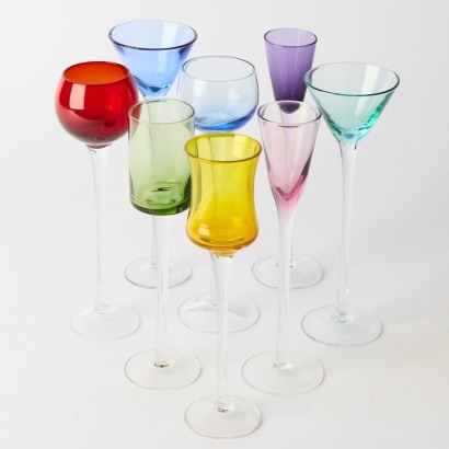 A Collection of Eight Colourful Long Stemmed Liqueur Glasses