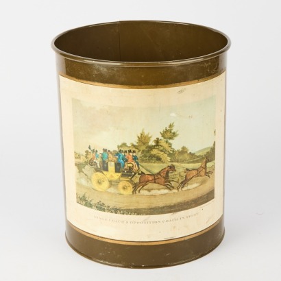An English Metal Waste Paper Bin With Antique Coaching Scene Print c.1970s