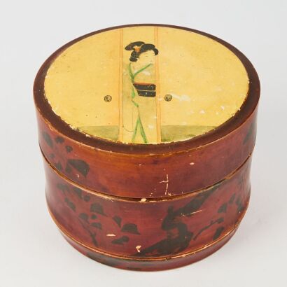 An Antique Japanese Shikki Color Box Featuring a Japanese Woman in a Kimono