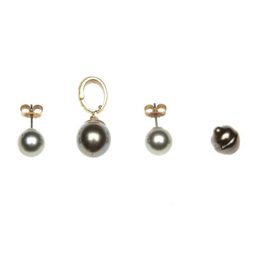 A Tahitian pearl pendant enhancer and a pair of Tahitian pearl studs. 18ct yellow gold and silver.