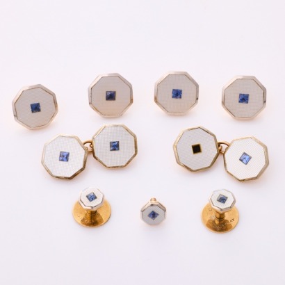 Boodle & Dunthorne, Art Deco, 9ct Yellow Gold / Platinum, Mother of Pearl / Sapphire, Buttons / Cufflinks Set