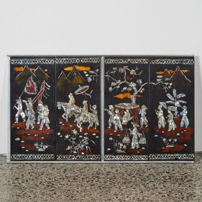 A Chinese Early 20th Century Four-Panel Black Lacquer Table Screen Inlaid with Mother-of-Pearl Figural Design