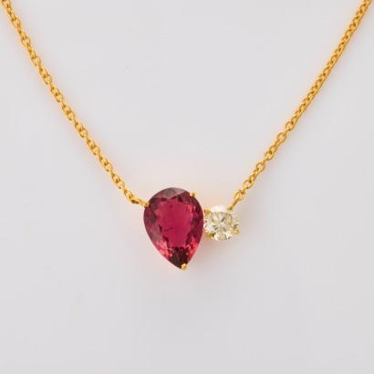 14ct Yellow Gold, 44cm, Pear Shape Pink Tourmaline / .30ct Diamond Necklace - Near new