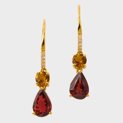 14ct Yellow Gold, 2.00ct Pink Tourmaline / 5mm Round Citrine / .10ct Diamond Drop Earrings. - Near new