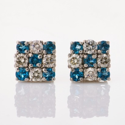 14ct Yellow Gold, 2.0mm Blue Topaz / .25ct Diamond Cluster Stud Earrings - Near new