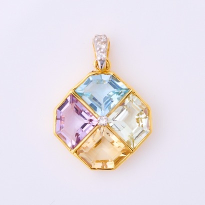 14ct Yellow Gold, 21mm Multi Colour Trapez Cut Gemstones /.05ct Diamond Pendant