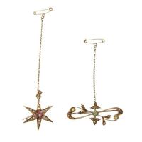 Two Edwardian Seed Pearl Brooches, star and bar design. 15ct yellow gold. Weight 7.04 grams. Length 40mm and 25mm