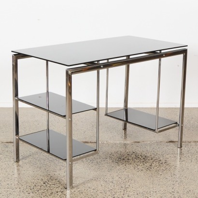 A Post Modern Polished Chrome Black Glass Desk