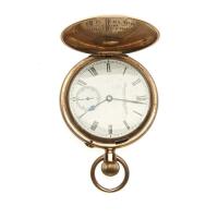 A rolled gold full hunter pocket watch, Lancashire Watch Co., London, circa 1890's. Crown wind. White enamal dial with painted Roman numerals. Pin set. Case number 5423611. Movement number 168670. Movement signed. Plain polished case. Weight 104.7 grams. 