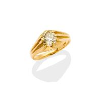 A diamond signet ring, claw set with an old European cut diamond of estimated weight 1.20 carats. 18ct yellow gold. Weight 4.77 grams. Size K. Gemmologist's report available. 