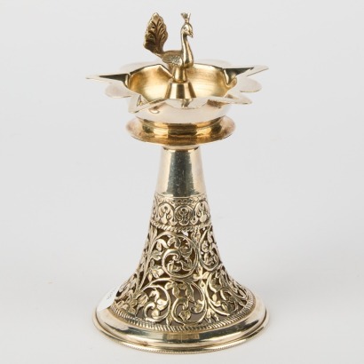 A Vintage Peacock Diya Oil Lamp in Silver Plate