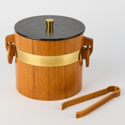 A Mid-Century Teak and Brass Ice Bucket with Tongs