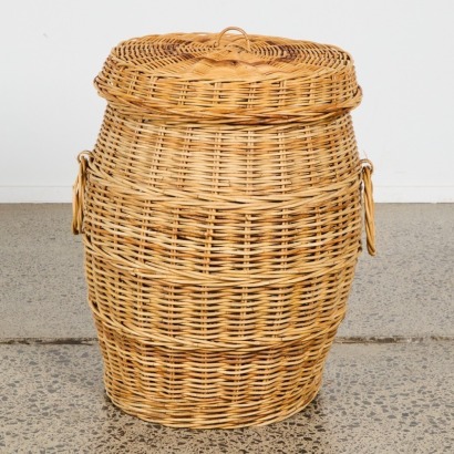 A Large Vintage Woven Wicker Storage Basket with Lid