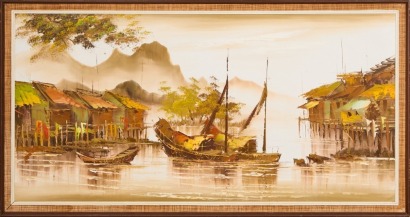 A Painting of Boats on a River