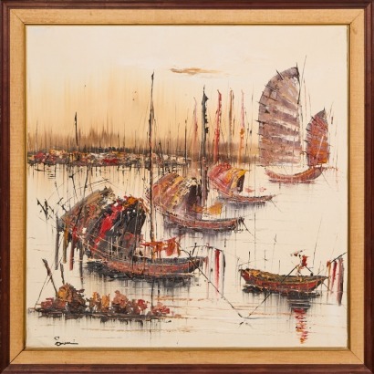 A Painting of Boats on a River