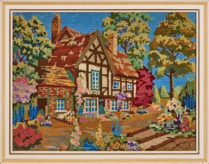 English Tudor Inn Vintage Framed Cross-Stitch Artwork c. 1930s