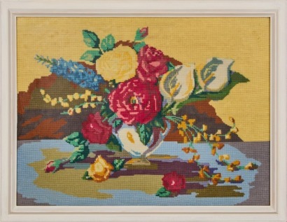 Still Life With Roses Vintage Cross-Stitch Framed Artwork,c. 1930s