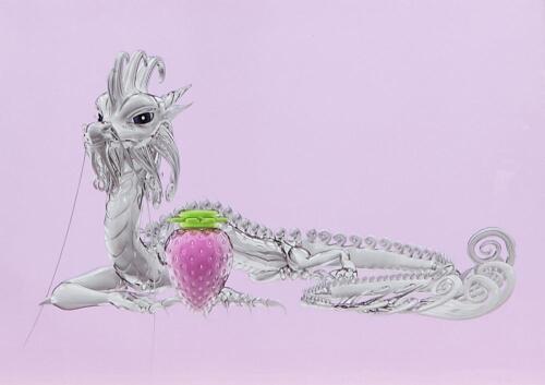 HYE RIM LEE White Dragon - Pink Berry, Pink Background